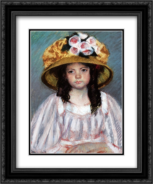 Fillette Au Grand Chapeau 20x24 Black Ornate Wood Framed Art Print Poster with Double Matting by Cassatt, Mary