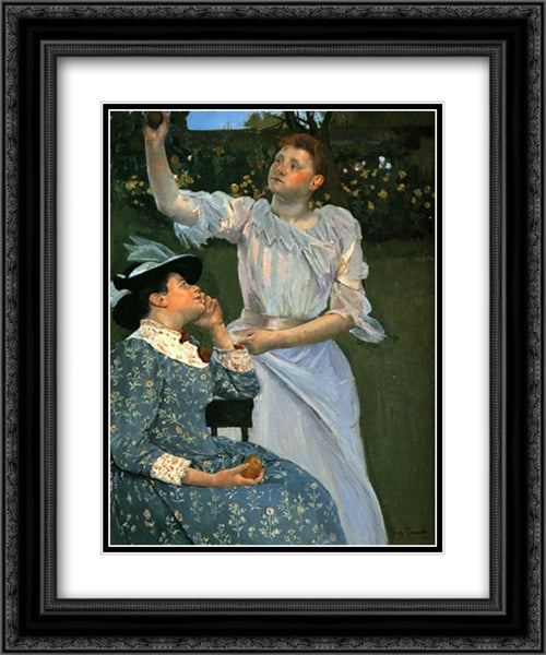 Young Women Picking Fruit 20x24 Black Ornate Wood Framed Art Print Poster with Double Matting by Cassatt, Mary