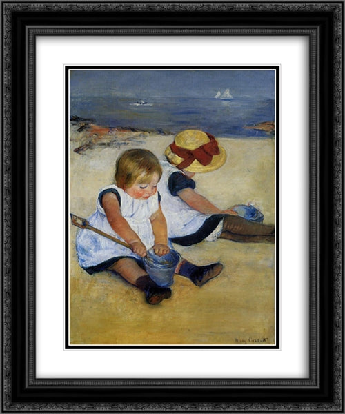 Children on the Shore 20x24 Black Ornate Wood Framed Art Print Poster with Double Matting by Cassatt, Mary