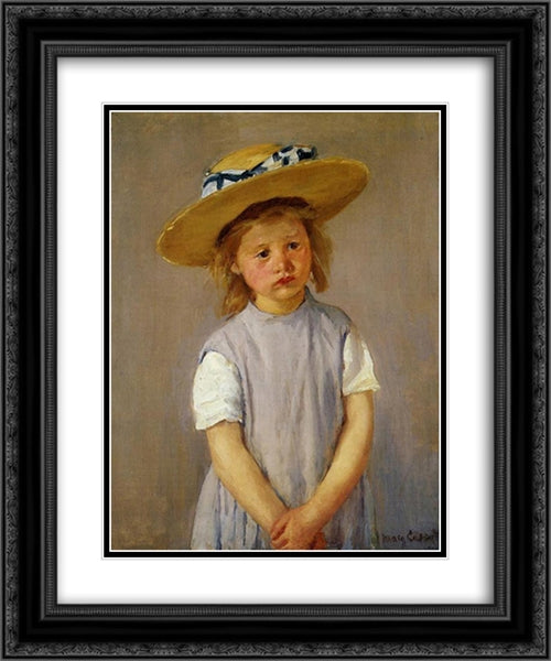 Little Girl in a Big Straw Hat and a Pinnafore 20x24 Black Ornate Wood Framed Art Print Poster with Double Matting by Cassatt, Mary