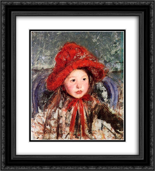 Little Girl in a Large Red Hat 20x22 Black Ornate Wood Framed Art Print Poster with Double Matting by Cassatt, Mary