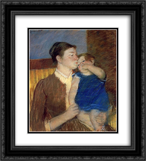 Mother's Goodnight Kiss 20x22 Black Ornate Wood Framed Art Print Poster with Double Matting by Cassatt, Mary