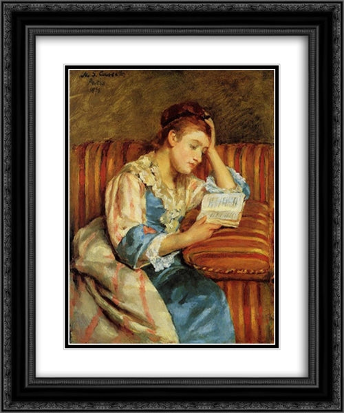 Mrs. Duffee Seated on a Striped Sofa, Reading 20x24 Black Ornate Wood Framed Art Print Poster with Double Matting by Cassatt, Mary