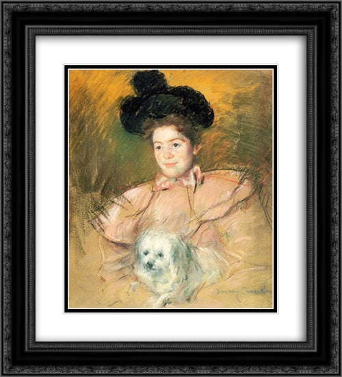 Woman in Raspberry Costume Holding a Dog 20x22 Black Ornate Wood Framed Art Print Poster with Double Matting by Cassatt, Mary