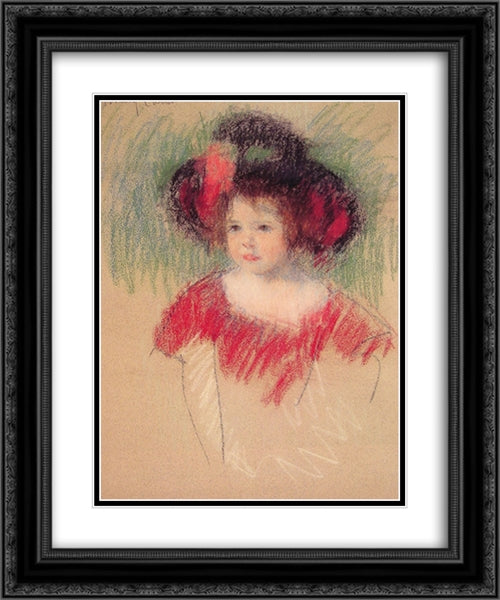 Margot in Big Bonnet and Red Dress 20x24 Black Ornate Wood Framed Art Print Poster with Double Matting by Cassatt, Mary