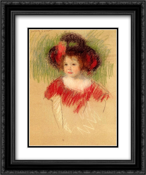 Margot In Big Bonnett And Red Dress 20x24 Black Ornate Wood Framed Art Print Poster with Double Matting by Cassatt, Mary