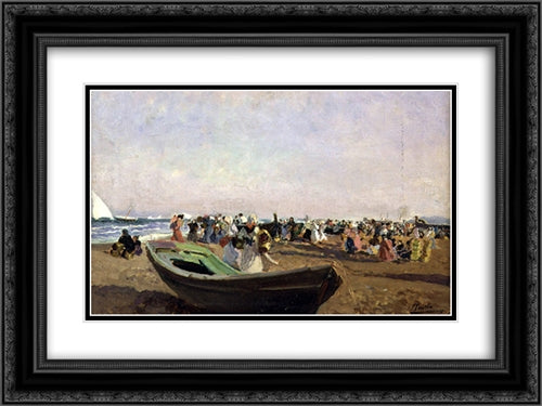 Playa de Valencia. Pescadoras. 24x18 Black Ornate Wood Framed Art Print Poster with Double Matting by Sorolla, Joaquin