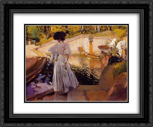 Maria, Watching the Fish, Granja 24x20 Black Ornate Wood Framed Art Print Poster with Double Matting by Sorolla, Joaquin