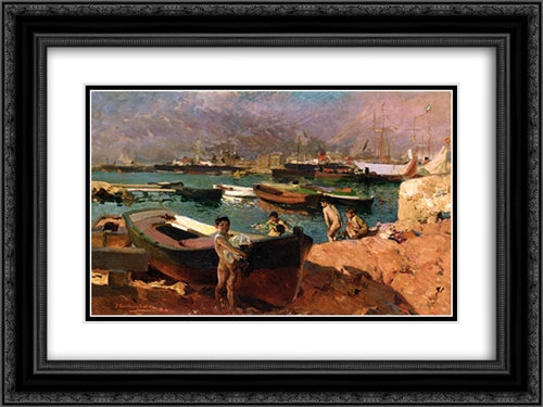 Valencia's Port 24x18 Black Ornate Wood Framed Art Print Poster with Double Matting by Sorolla, Joaquin