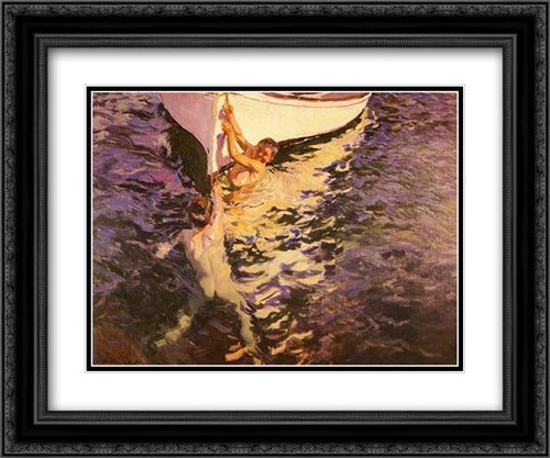 The White Boat 24x20 Black Ornate Wood Framed Art Print Poster with Double Matting by Sorolla, Joaquin