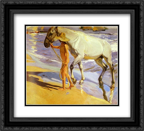 The Horse's Bath 22x20 Black Ornate Wood Framed Art Print Poster with Double Matting by Sorolla, Joaquin