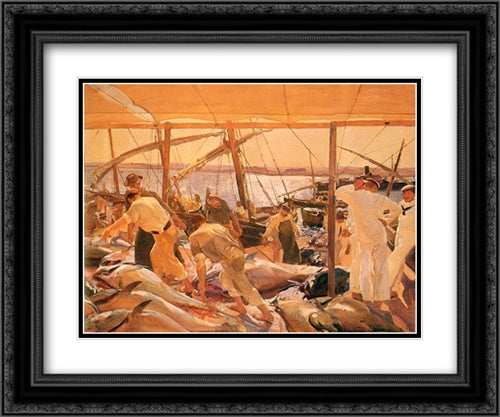 The Tuna Catch - Ayamonte 24x20 Black Ornate Wood Framed Art Print Poster with Double Matting by Sorolla, Joaquin