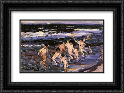 Ninos en el Mar 24x18 Black Ornate Wood Framed Art Print Poster with Double Matting by Sorolla, Joaquin