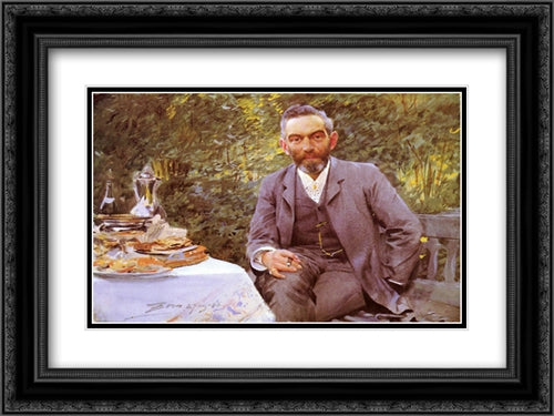Frukost I Det Grona 24x18 Black Ornate Wood Framed Art Print Poster with Double Matting by Zorn, Anders