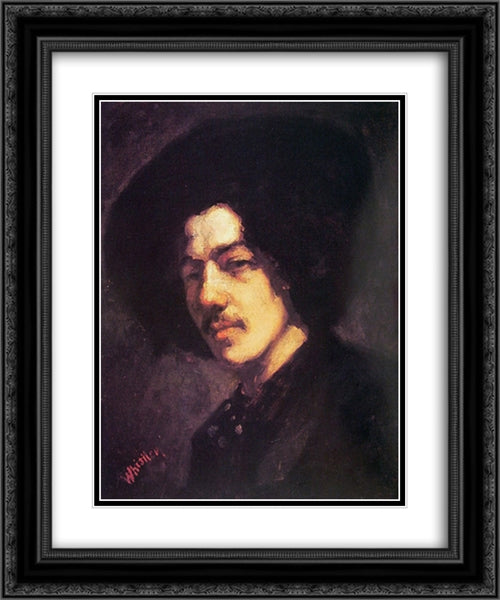 Portrait of Whistler with Hat 20x24 Black Ornate Wood Framed Art Print Poster with Double Matting by Whistler, James McNeill