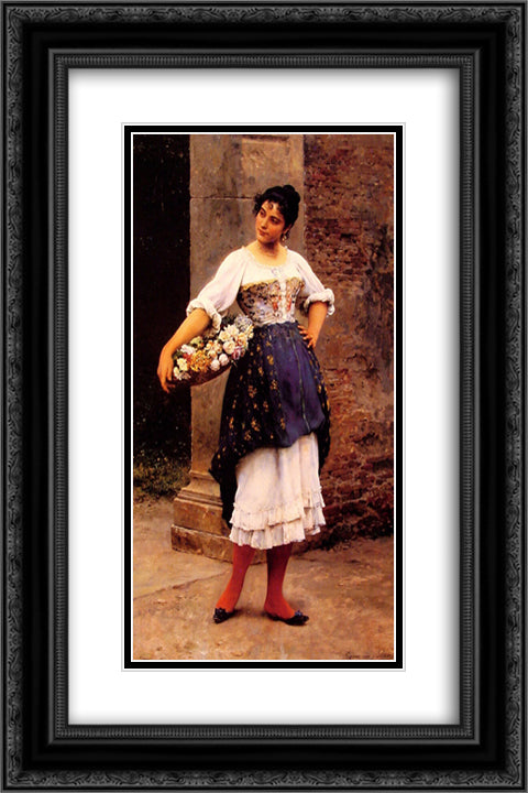 Venetian Flower Seller 16x24 Black Ornate Wood Framed Art Print Poster with Double Matting by Blaas, Eugene de