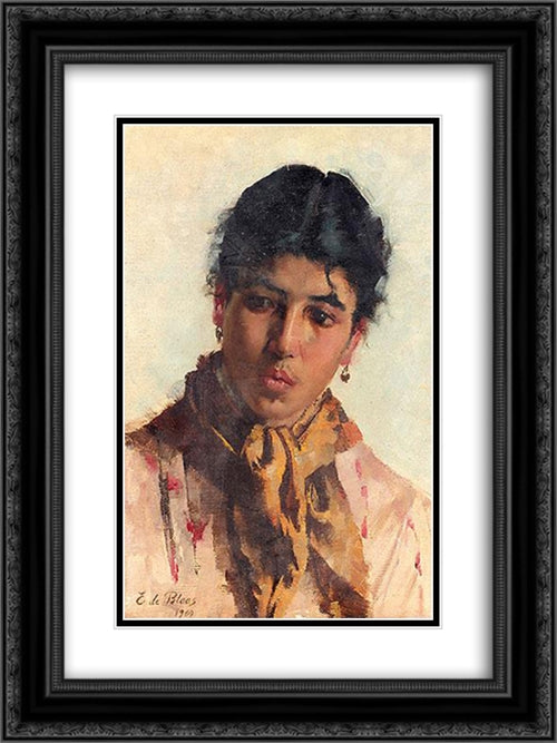 Portrait of a Woman 18x24 Black Ornate Wood Framed Art Print Poster with Double Matting by Blaas, Eugene de