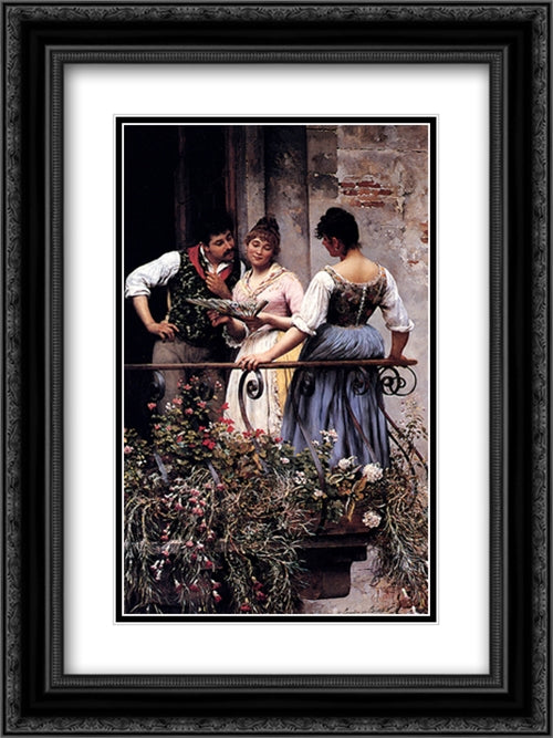 On The Balcony 18x24 Black Ornate Wood Framed Art Print Poster with Double Matting by Blaas, Eugene de