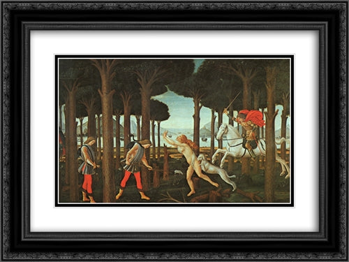 The Story of Nastagio degli Onesti (first episode) 24x18 Black Ornate Wood Framed Art Print Poster with Double Matting by Botticelli, Sandro