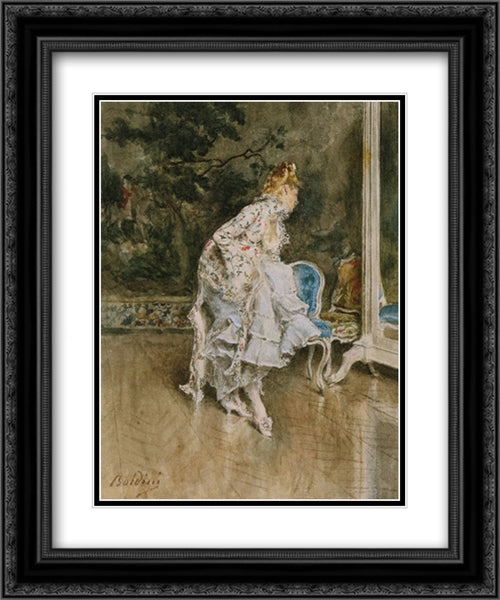 The Beauty Before The Mirror 20x24 Black Ornate Wood Framed Art Print Poster with Double Matting by Boldini, Giovanni