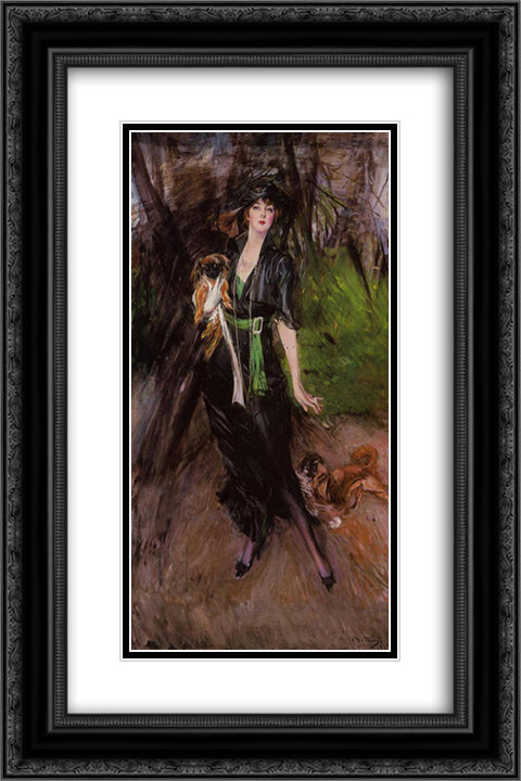 Portrait of a Lady, Lina Bilitis, with Two Pekinese 16x24 Black Ornate Wood Framed Art Print Poster with Double Matting by Boldini, Giovanni