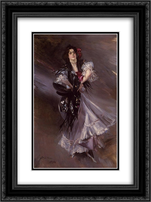 Portrait of Anita de la Ferie, 'The Spanish Dancer' 18x24 Black Ornate Wood Framed Art Print Poster with Double Matting by Boldini, Giovanni