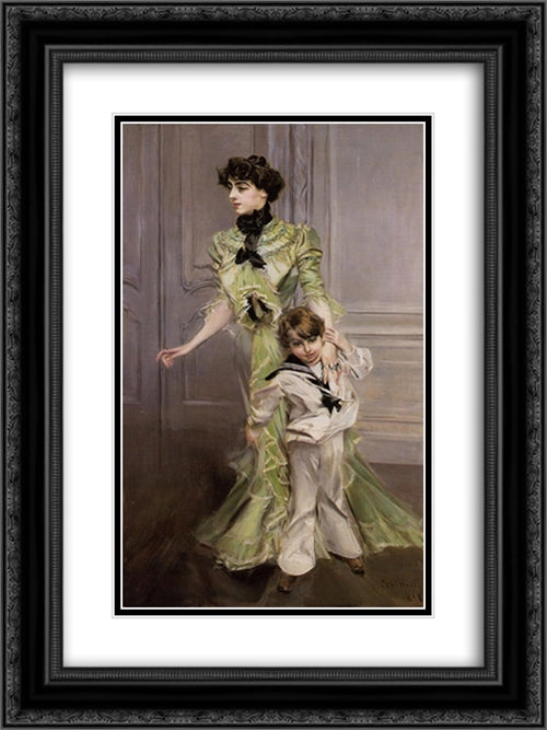 Portrait of Madame Georges Hugo (nee Pauleen Menard'Dozian) and Her Son, Jean 18x24 Black Ornate Wood Framed Art Print Poster with Double Matting by Boldini, Giovanni