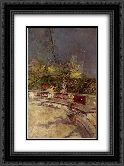 The Red Umbrella 18x24 Black Ornate Wood Framed Art Print Poster with Double Matting by Boldini, Giovanni