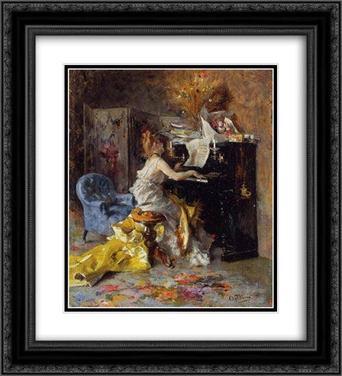 Woman at a Piano 20x22 Black Ornate Wood Framed Art Print Poster with Double Matting by Boldini, Giovanni