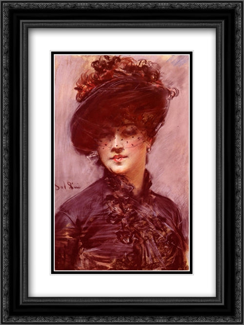 La Femme Au Chapeau Noir 18x24 Black Ornate Wood Framed Art Print Poster with Double Matting by Boldini, Giovanni