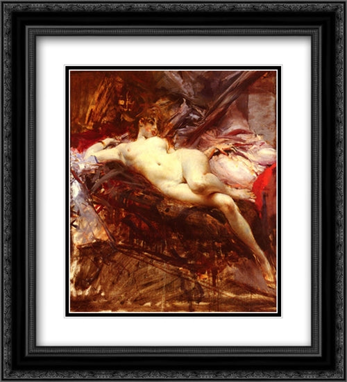 Reclining Nude 20x22 Black Ornate Wood Framed Art Print Poster with Double Matting by Boldini, Giovanni