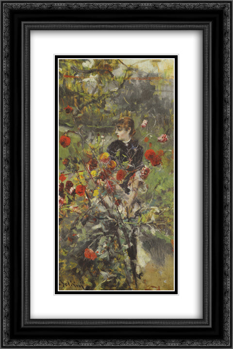 The Summer Roses 16x24 Black Ornate Wood Framed Art Print Poster with Double Matting by Boldini, Giovanni