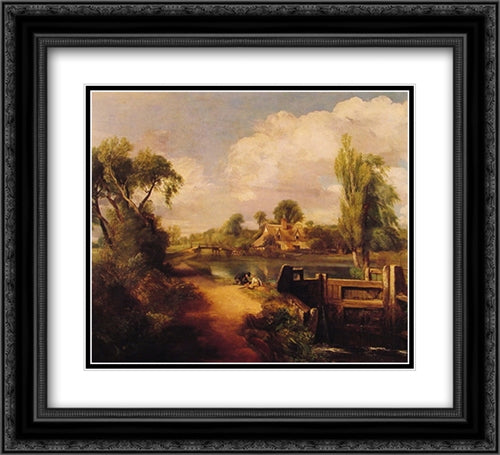 Landscape with Boys Fishing 22x20 Black Ornate Wood Framed Art Print Poster with Double Matting by Constable, John