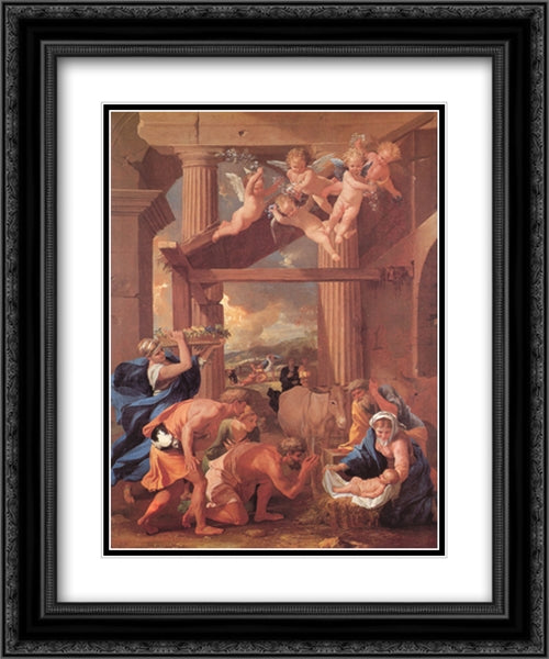 The Adoration of the Shepherds 20x24 Black Ornate Wood Framed Art Print Poster with Double Matting by Poussin, Nicolas