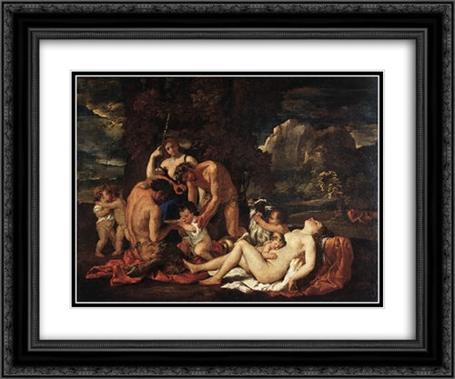 The Nurture of Bacchus 24x20 Black Ornate Wood Framed Art Print Poster with Double Matting by Poussin, Nicolas