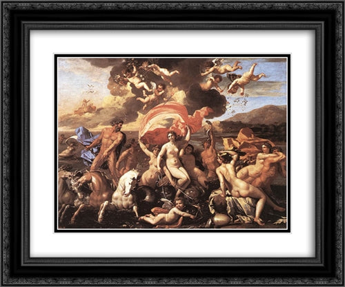 The Triumph of Neptune 24x20 Black Ornate Wood Framed Art Print Poster with Double Matting by Poussin, Nicolas