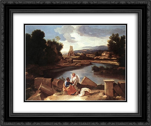 Landscape with St Matthew and the Angel 24x20 Black Ornate Wood Framed Art Print Poster with Double Matting by Poussin, Nicolas