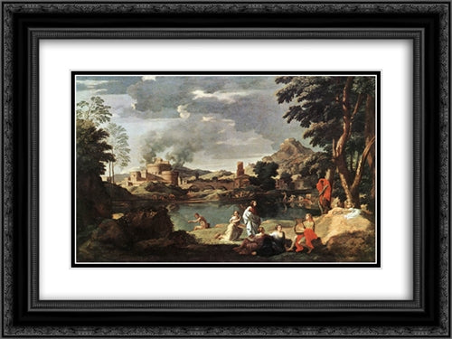 Landscape with Orpheus and Euridice 24x18 Black Ornate Wood Framed Art Print Poster with Double Matting by Poussin, Nicolas