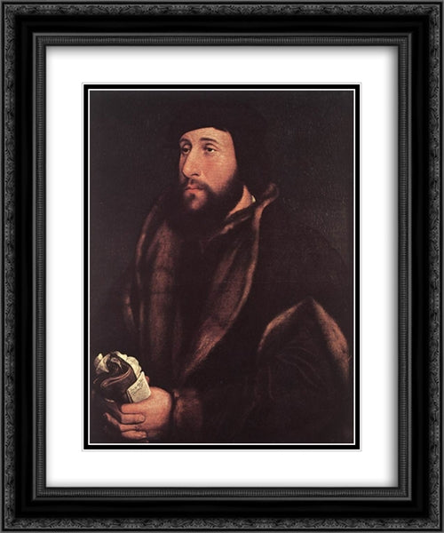 Portrait of a Man Holding Gloves and Letter 20x24 Black Ornate Wood Framed Art Print Poster with Double Matting by Holbein the Younger, Hans