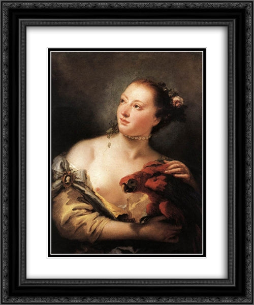 Woman with a Parrot 20x24 Black Ornate Wood Framed Art Print Poster with Double Matting by Tiepolo, Giovanni Battista