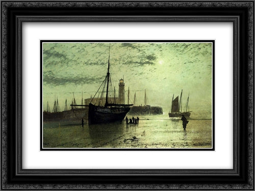 The Lighthouse At Scarborough 24x18 Black Ornate Wood Framed Art Print Poster with Double Matting by Grimshaw, John Atkinson