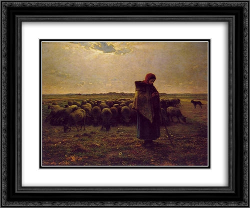 Shepherdess with her flock 24x20 Black Ornate Wood Framed Art Print Poster with Double Matting by Millet, Jean Francois