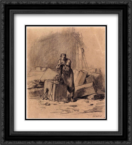 The Stone Cutter 20x22 Black Ornate Wood Framed Art Print Poster with Double Matting by Millet, Jean Francois