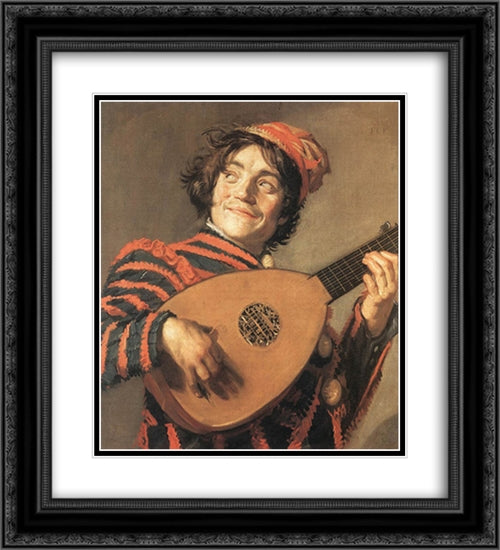 Buffoon Playing a Lute 20x22 Black Ornate Wood Framed Art Print Poster with Double Matting by Hals, Frans