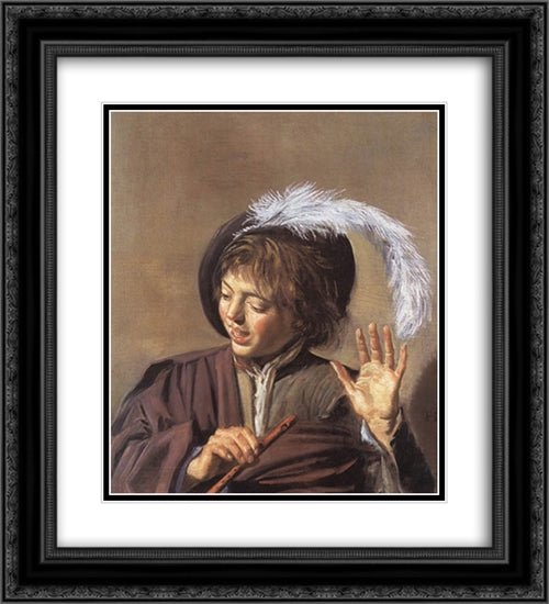 Singing Boy with a Flute 20x22 Black Ornate Wood Framed Art Print Poster with Double Matting by Hals, Frans