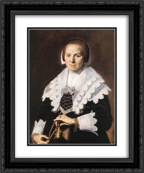 Portrait of a Woman Holding a Fan 20x24 Black Ornate Wood Framed Art Print Poster with Double Matting by Hals, Frans