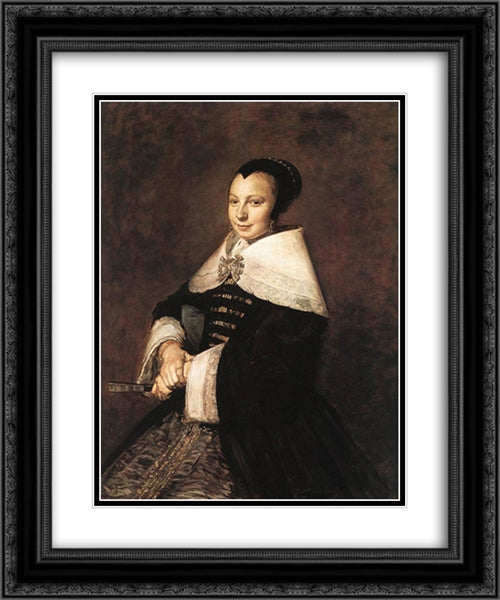 Portrait of a Seated Woman Holding a Fan 20x24 Black Ornate Wood Framed Art Print Poster with Double Matting by Hals, Frans