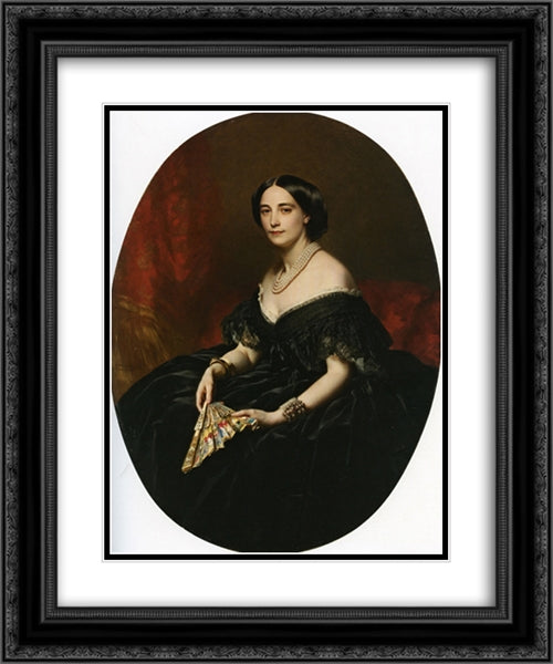 Portrait of a lady with a fan 20x24 Black Ornate Wood Framed Art Print Poster with Double Matting by Winterhalter, Franz Xaver