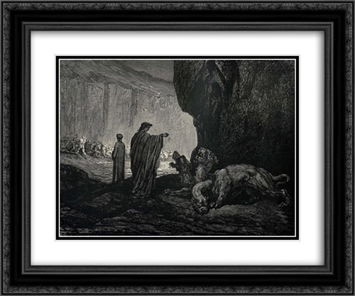 The Inferno, Canto 6, lines 24'26: Then my guide, his palms Expanding on the ground, thence filled with earth Raisd them, and cast it in his ravenous maw. 24x20 Black Ornate Wood Framed Art Print Poster with Double Matting by Dore, Gustave