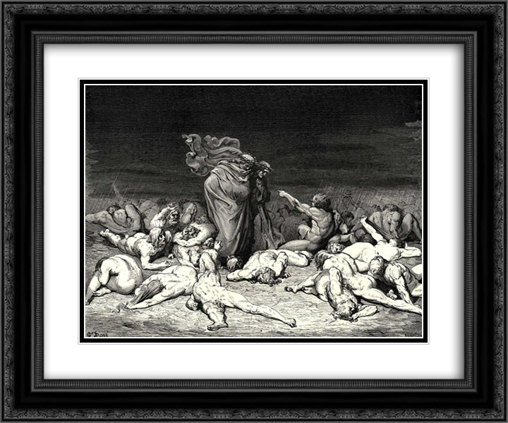 The Inferno, Canto 6, lines 49'52: “Thy city heap’d with envy to the brim, Ay that the measure overflows its bounds, Held me in brighter days” 24x20 Black Ornate Wood Framed Art Print Poster with Double Matting by Dore, Gustave
